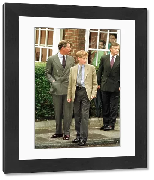 Prince Harry arrives for his first day at Eton school with his father Prince Charles to