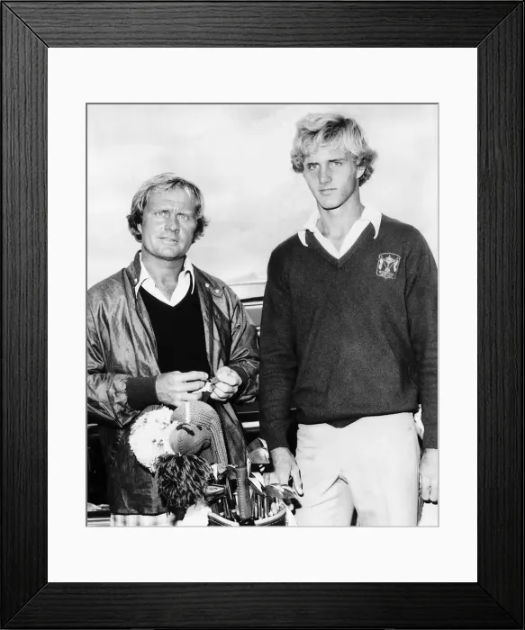 Framed Print : Jack Nicklaus Jnr standing beside his father in front of a set of golf clubs casualy Framed Print : Jack Nicklaus Jnr standing beside his father in front of a set of golf clubs casualy