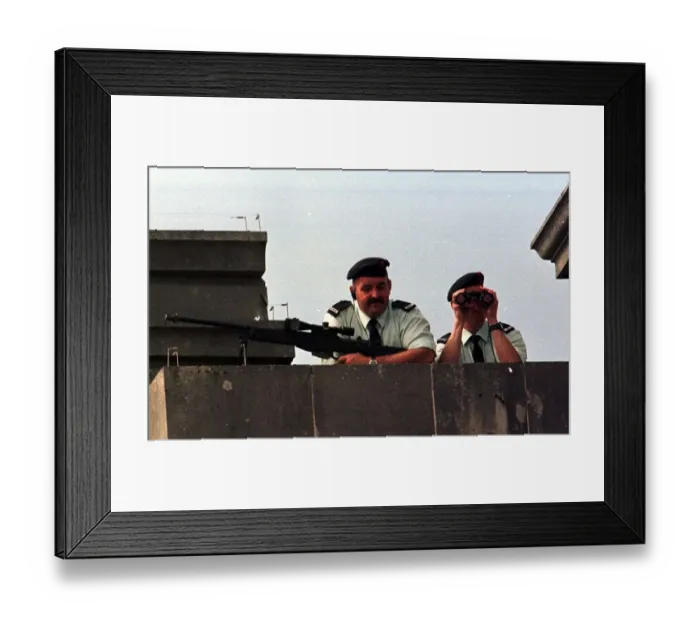 Framed Print : Armed Security men on rooftop August 1998 keep watch during the visit of Prince Framed Print : Armed Security men on rooftop August 1998 keep watch during the visit of Prince