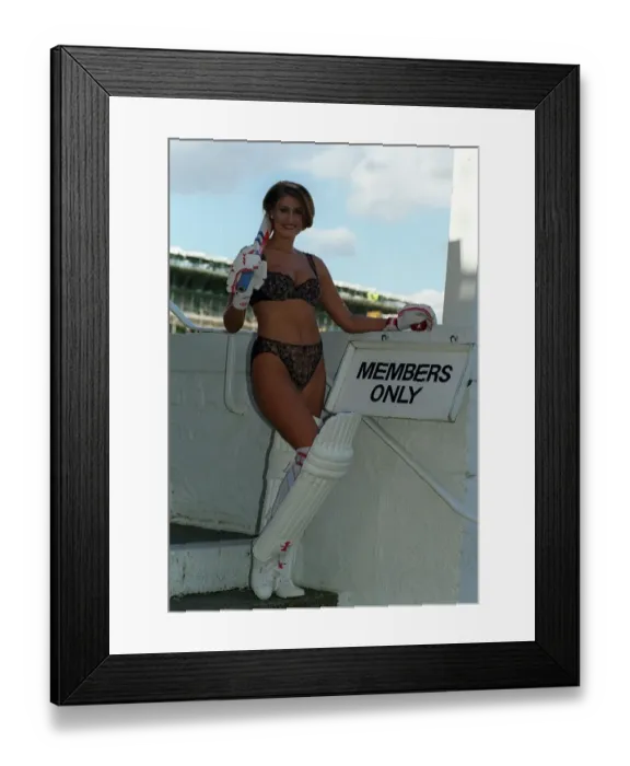 Framed Print : Model Debbie Lee 28 poses at Lords cricket ground 1998 During a Lingerie Fashion Show