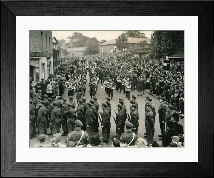 Framed Print : Canadian Army including the band and WaCs marching through Aldershot Framed Print : Canadian Army including the band and WaCs marching through Aldershot