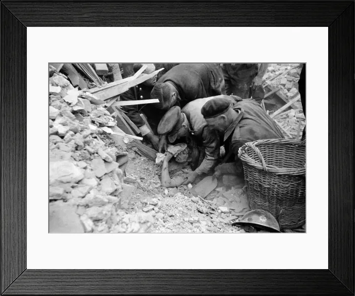 Framed Print : Rescue of Mrs Elsie Smith from remains of her home, 2 Whitta Road, E12 Framed Print : Rescue of Mrs Elsie Smith from remains of her home, 2 Whitta Road, E12