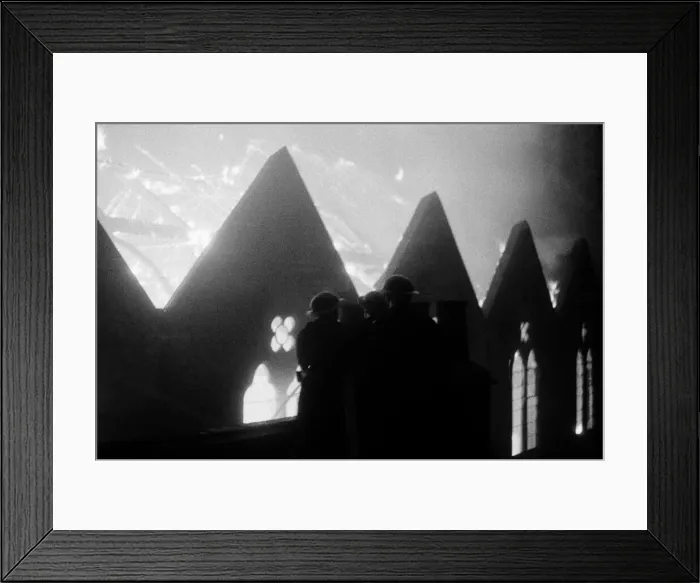 Framed Print : Fires raging inside St Saviours Church, Medway St, Westminster