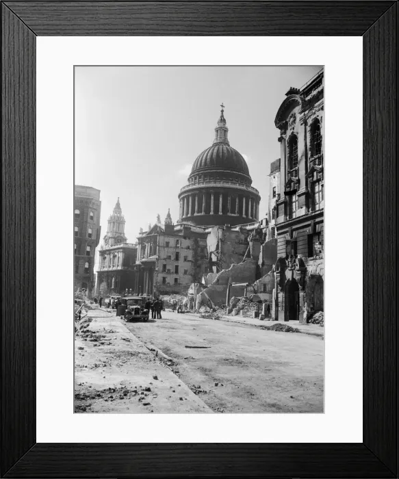 Framed Print : Damaged buildings near St Pauls Cathedral after a night of Bombing. 10th May 1941