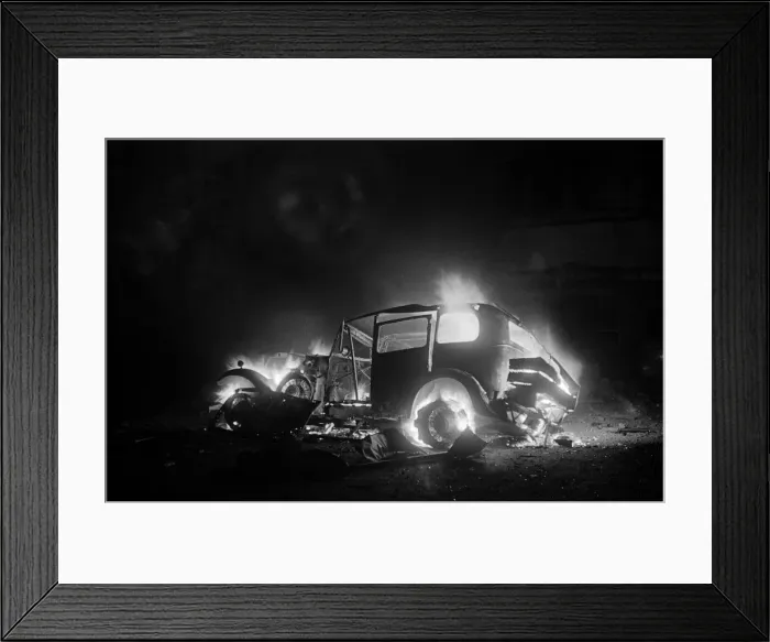 Framed Print : Car on fire outside St Pauls Station. 11th January 1941 Framed Print : Car on fire outside St Pauls Station. 11th January 1941