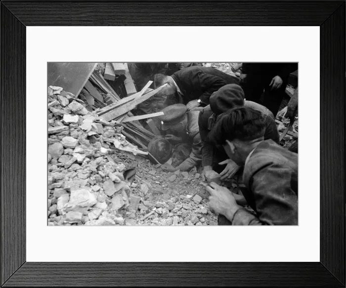 Framed Print : Rescue of Mrs Elsie Smith from remains of her home, 2 Whitta Road, E12 Framed Print : Rescue of Mrs Elsie Smith from remains of her home, 2 Whitta Road, E12