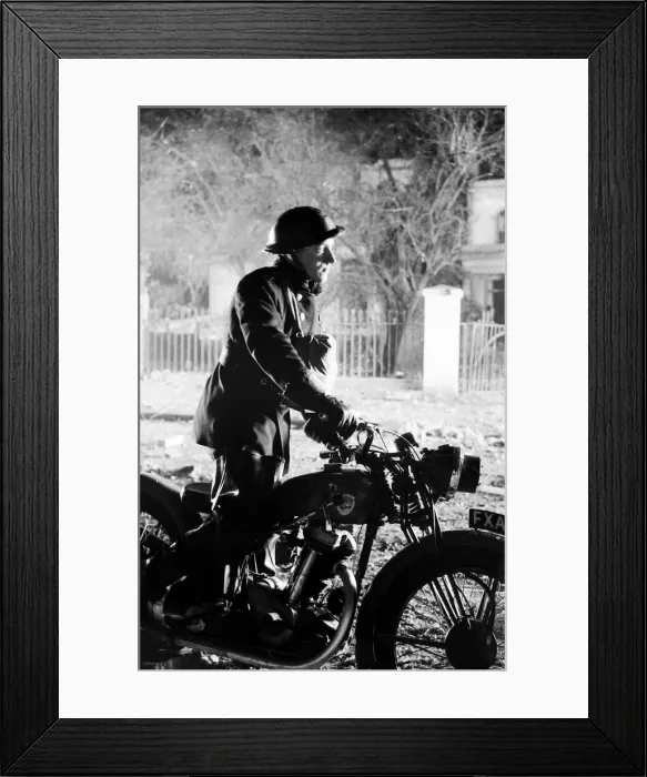 Framed Print : Dispatch rider on Telford Avenue, Streatham. 8th March 1941 Framed Print : Dispatch rider on Telford Avenue, Streatham. 8th March 1941