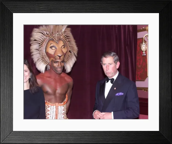 Framed Print : Prince Charles October 1999 meets The Lion King actor Roger Wright at a charity Framed Print : Prince Charles October 1999 meets The Lion King actor Roger Wright at a charity