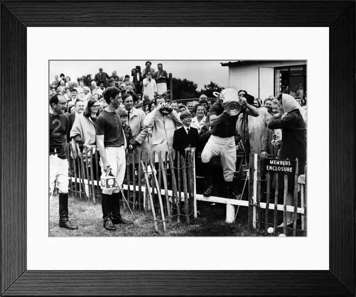 Framed Print : Prince Charles Aug 1967 at the end of a polo tournament watching team player drinking