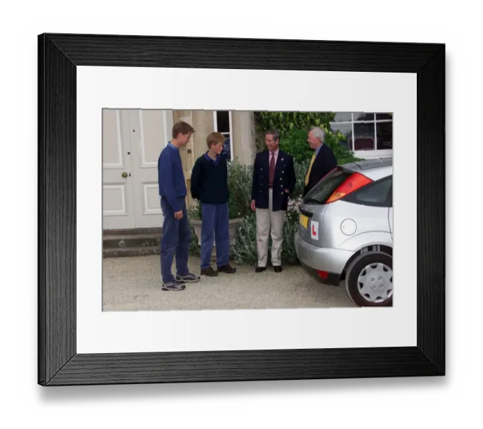 Framed Print : Prince William after driving lesson at Highgrove July 1999 Prince Charles jokes