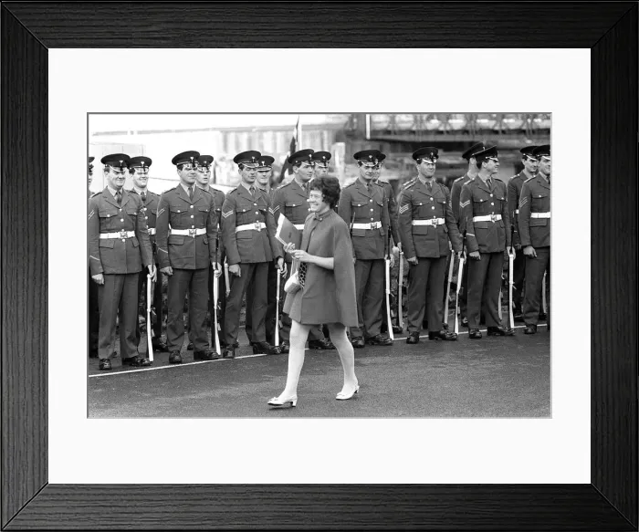Framed Print : Investiture rehearsals. Soldiers smile as a lady in a mine dress Framed Print : Investiture rehearsals. Soldiers smile as a lady in a mine dress