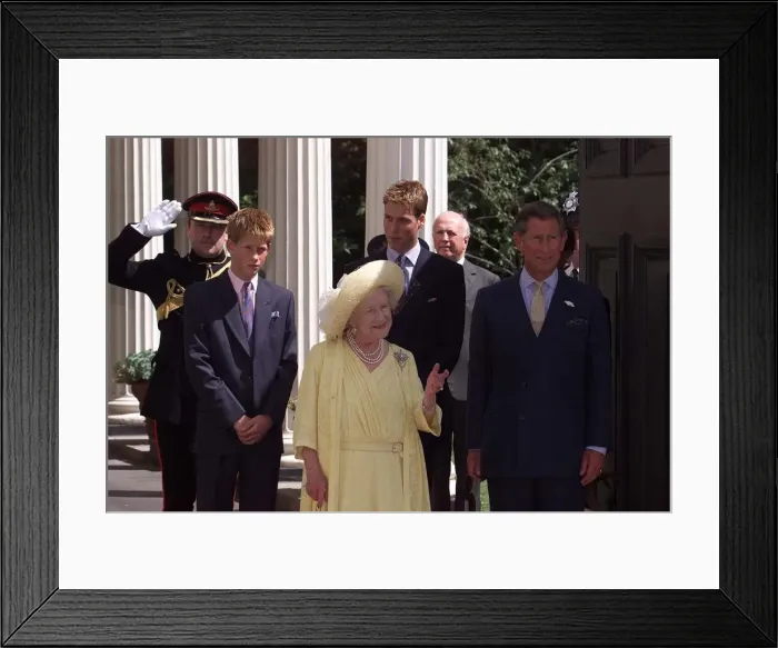Framed Print : The Queen Mother flanked by Prince Charles (right) and Prince Harry (left Framed Print : The Queen Mother flanked by Prince Charles (right) and Prince Harry (left
