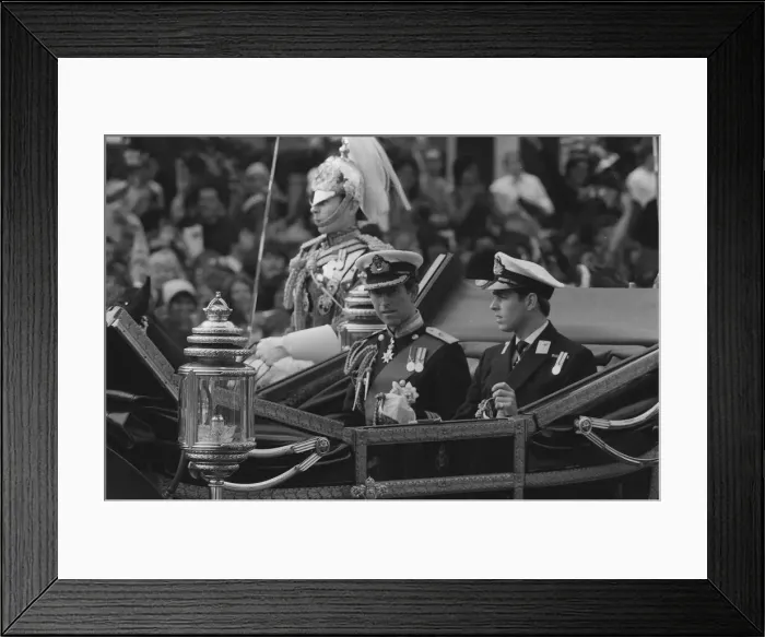 Framed Print : Prince Charles accompanied by his brother Prince Andrew in their open topped carriage en Framed Print : Prince Charles accompanied by his brother Prince Andrew in their open topped carriage en