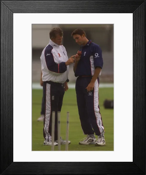 Framed Print : Ed Giddins England Cricket Bowler Net Practice Oval 1999 Ed Giddins gets some coaching in