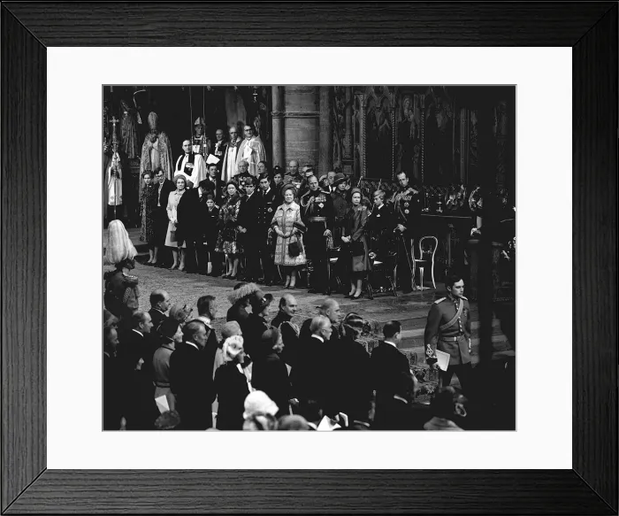 Framed Print : Queen Mother and The Royal Family wait in Westminster Abbey at the wedding of Princess