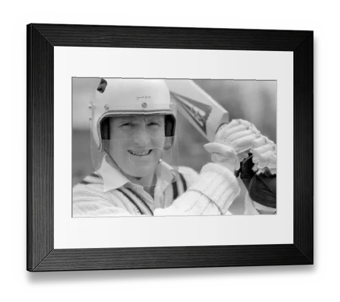 Framed Print : Cricketer Dennis Amiss wearing his specially designed skull dome for protection. May 1978