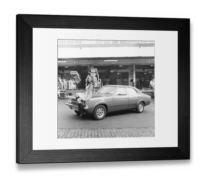 Framed Print : Reveille model Barbara seen here posing with a Ford car which is a top prize in Framed Print : Reveille model Barbara seen here posing with a Ford car which is a top prize in