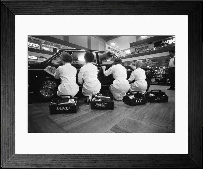 Framed Print : Cleaners at work buffing up one of the show piece cars at the 1968 Motor Show 15th Framed Print : Cleaners at work buffing up one of the show piece cars at the 1968 Motor Show 15th