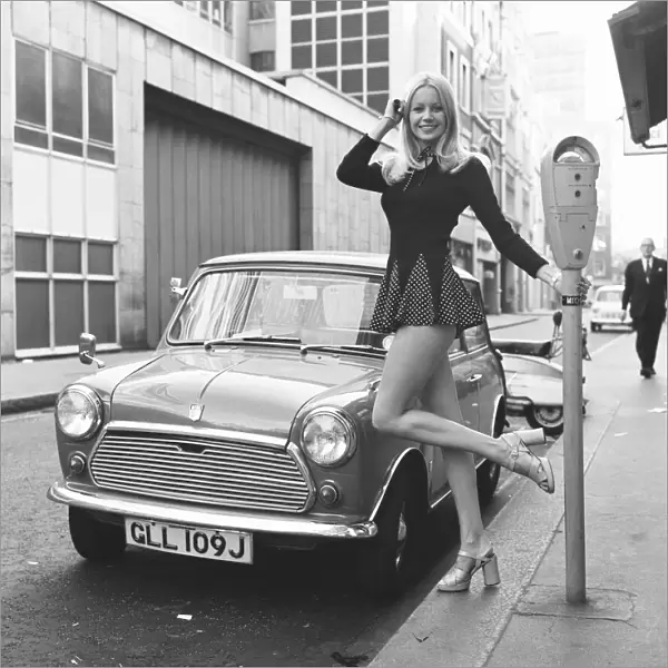 Jenny Clare seen here posing with her Leyland Mini 6th October 1972