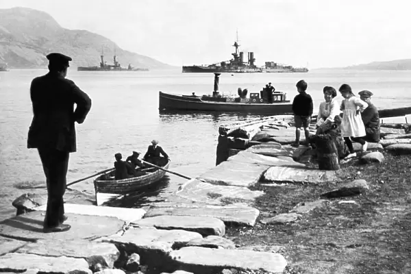 The dreadnoughts HMS Superb and HMS Lion seen here at anchor in Lamlash bay off of Arran