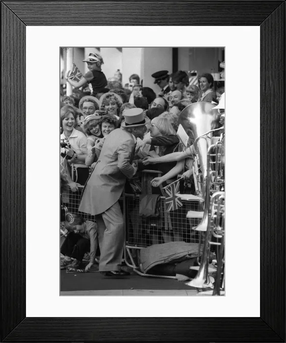 Framed Print : Prince Charles Wedding day with Spike Milligan in July 1981 acting the fool for