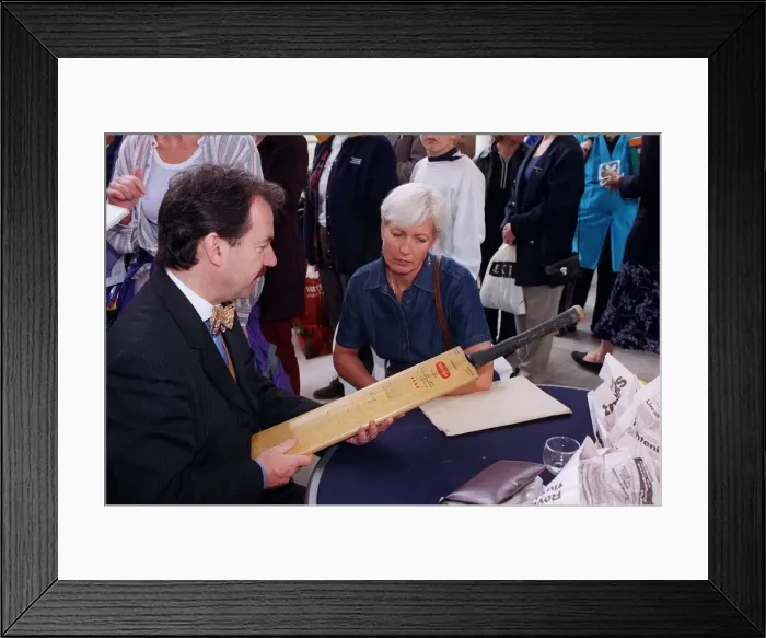 Framed Print : Eric Knowles Antiques Expert October 98 Looking at a cricket bat on The Antiques