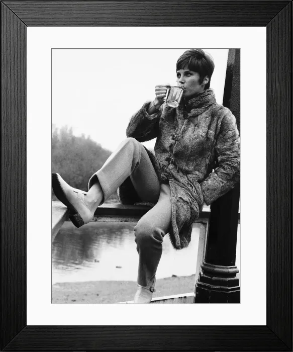 Framed Print : Stephanie Powers Actress sitting on fence drinking from glass