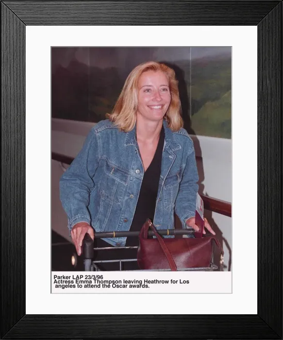 Framed Print : Emma Thompson the British actress leaving Heathrow for Los Angeles to attend Oscars Framed Print : Emma Thompson the British actress leaving Heathrow for Los Angeles to attend Oscars
