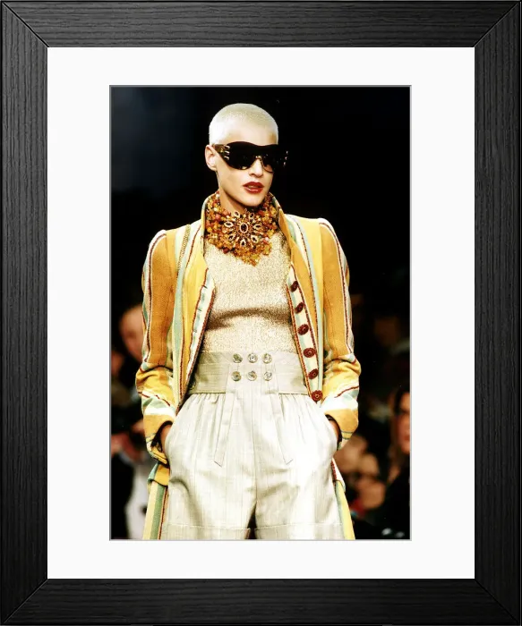 Framed Print : Clothing at the Paris Fashion Show model wearing a Lacroix suit January 1994