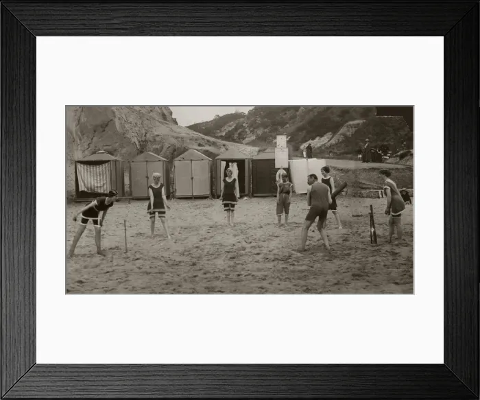 Framed Print : Bathers play cricket on the sands at Bournemouth September 1915 Framed Print : Bathers play cricket on the sands at Bournemouth September 1915