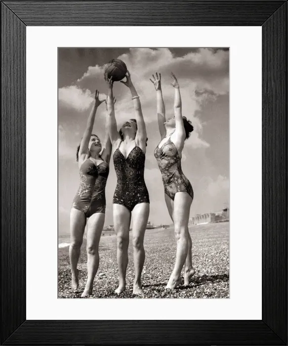 Framed Print : Women Holidaymakers at Hasting making merry with a medicine ball on the beach Framed Print : Women Holidaymakers at Hasting making merry with a medicine ball on the beach