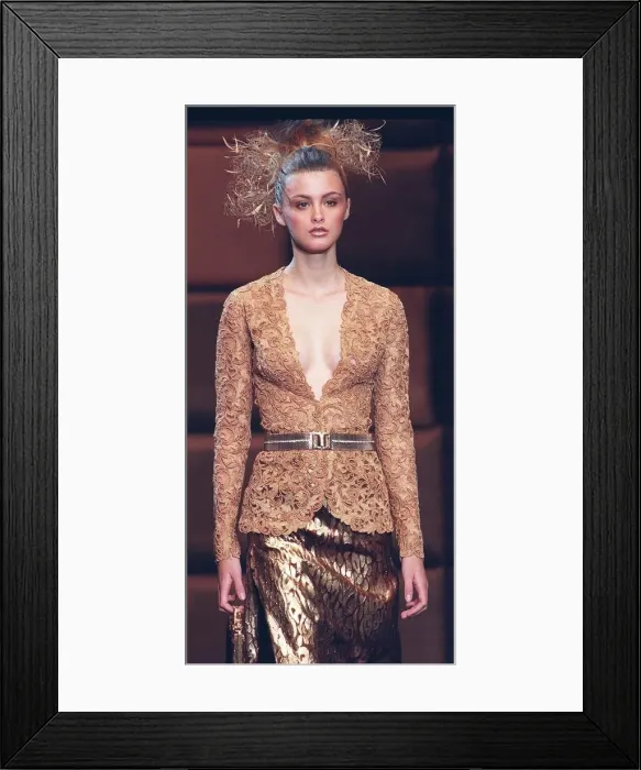 Framed Print : Trish Goff models Valentino at Paris fashion show Belted embroidery englaise Framed Print : Trish Goff models Valentino at Paris fashion show Belted embroidery englaise