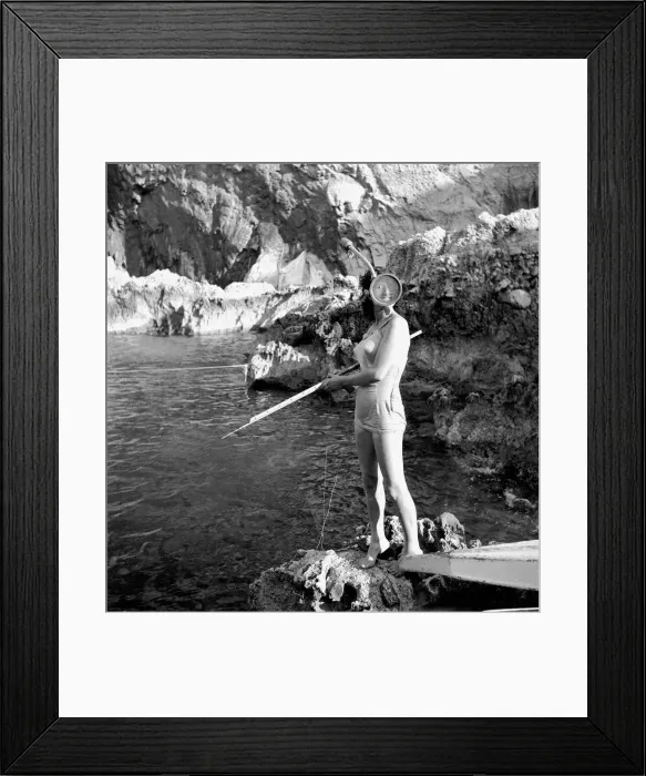 Framed Print : Fishing practice on Capri, Italy woman in old fashioned swimmsuit with snorkel Framed Print : Fishing practice on Capri, Italy woman in old fashioned swimmsuit with snorkel