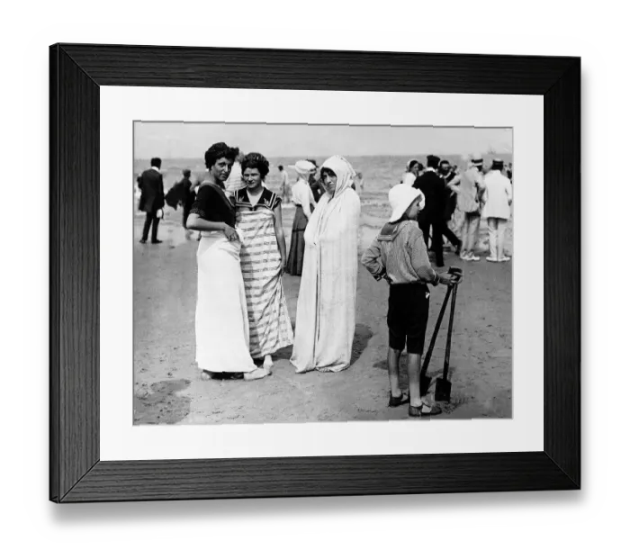 Framed Print : Bathers at Norderney France modelling fashion on a beach in 1911 Wearing beach Framed Print : Bathers at Norderney France modelling fashion on a beach in 1911 Wearing beach