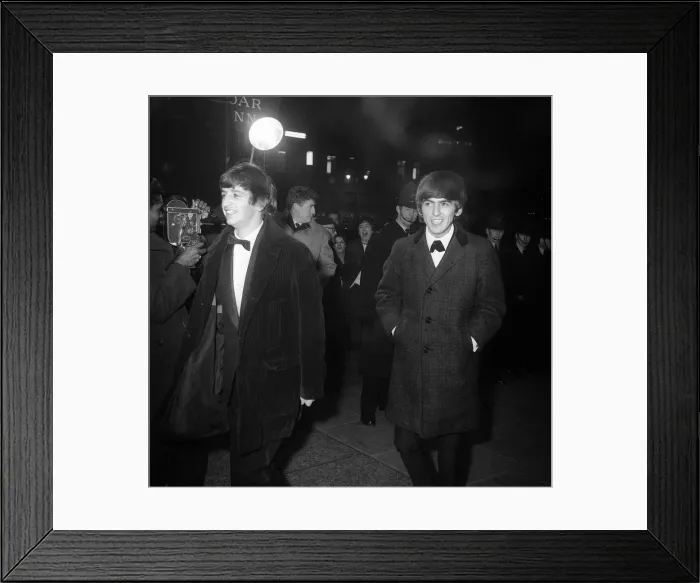Framed Print : George Harrison and Ringo Starr smile as the group arrive at the Empire Ballroom in Framed Print : George Harrison and Ringo Starr smile as the group arrive at the Empire Ballroom in