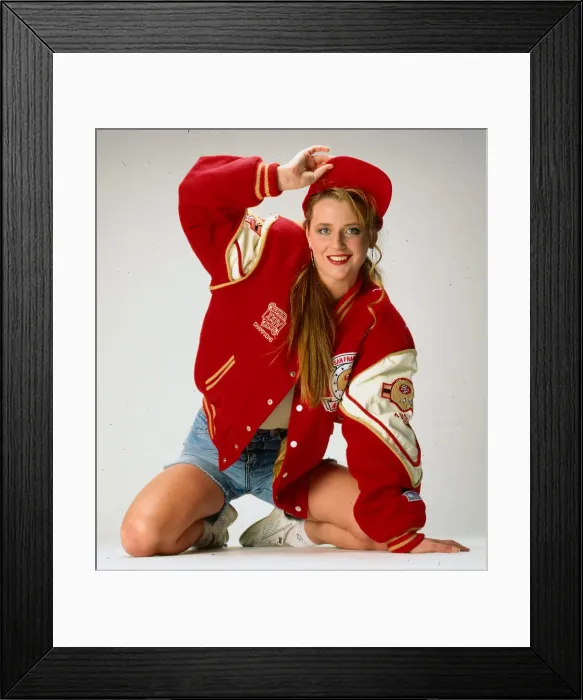 Framed Print : Jacket fashion - model wears red San Francisco baseball jacket, January 1991 Framed Print : Jacket fashion - model wears red San Francisco baseball jacket, January 1991