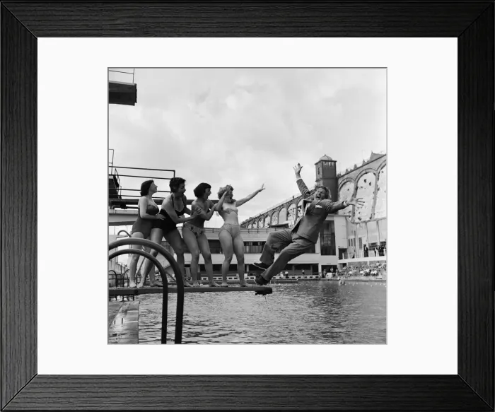 Framed Print : Sunday Pictorial Pictorial Beach Contest at Ramsgate. Four women pushing a man in