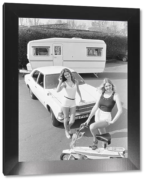 Reveille models seen here posing with a Ford Cortina, a caravan