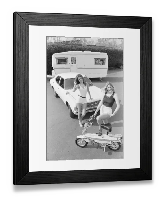 Framed Print : Reveille models seen here posing with a Ford Cortina, a caravan
