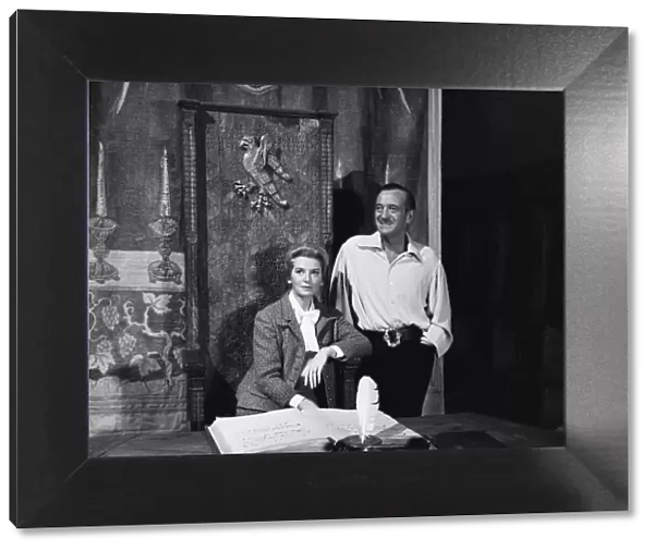 Actor David Niven and actress Deborah Kerr pictured during the filming of their latest