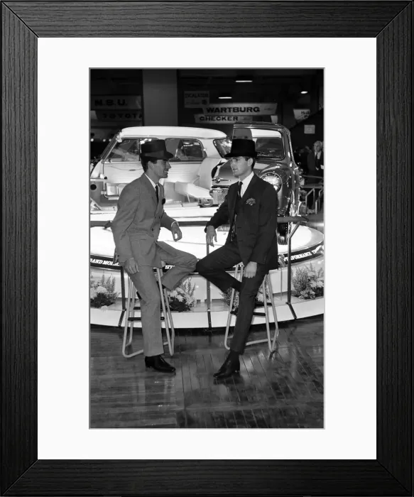 Framed Print : Male Models pose with Austin Mini cars at the British International Motor Show in London Framed Print : Male Models pose with Austin Mini cars at the British International Motor Show in London