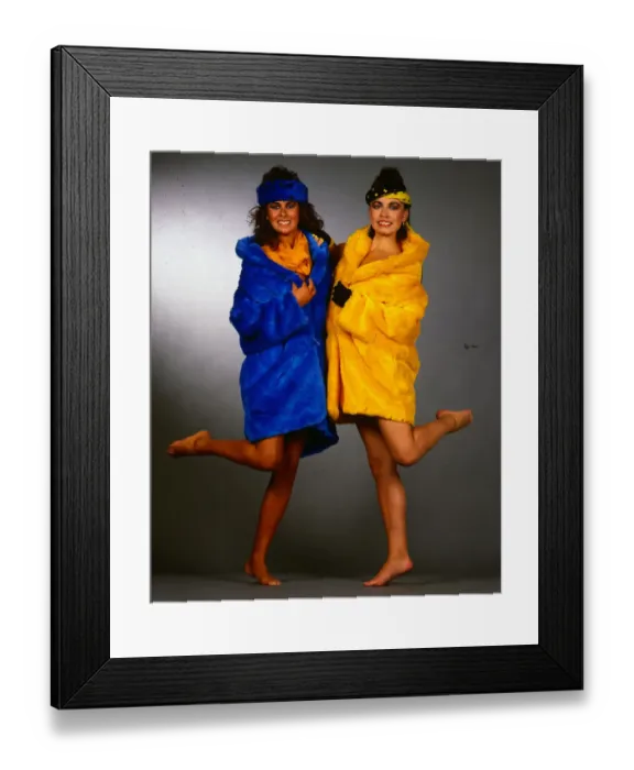 Framed Print : Fur Coat Fashion Models showing off yellow blue white fake fur coats Framed Print : Fur Coat Fashion Models showing off yellow blue white fake fur coats