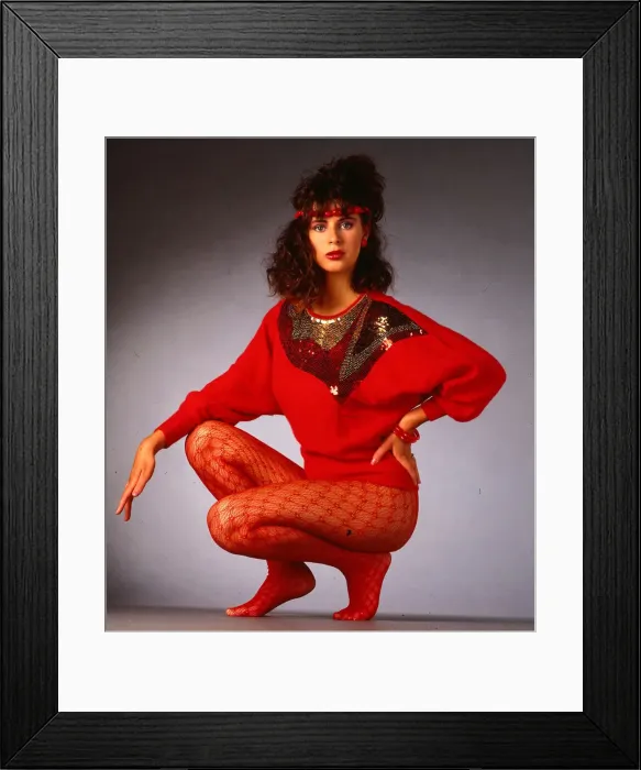 Framed Print : Jumper fashion - red batwing sweater with sequins and red lacy tights September 1986 Framed Print : Jumper fashion - red batwing sweater with sequins and red lacy tights September 1986