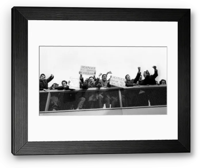 Framed Print : The Beatles February 1964 Protestors and enthusiastic banners greet the Beatles Framed Print : The Beatles February 1964 Protestors and enthusiastic banners greet the Beatles