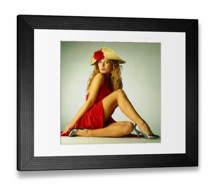 Framed Print : Hat fashion Model wears Napoleon style straw hat red dress March 1989 Framed Print : Hat fashion Model wears Napoleon style straw hat red dress March 1989