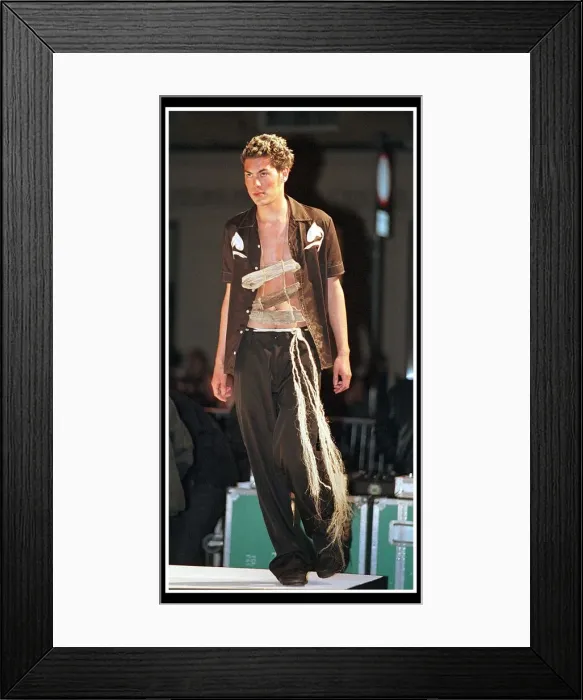 Framed Print : Fashion Show at Royal Exchange Square Glasgow May 1999 Male model wearing brown