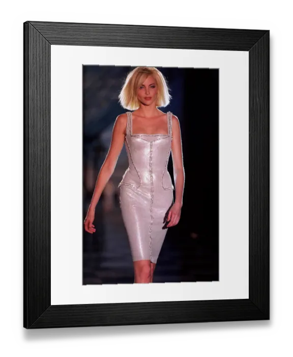 Framed Print : Nadja Auermann model wearing a Versace design at the Paris fashion show July 1995