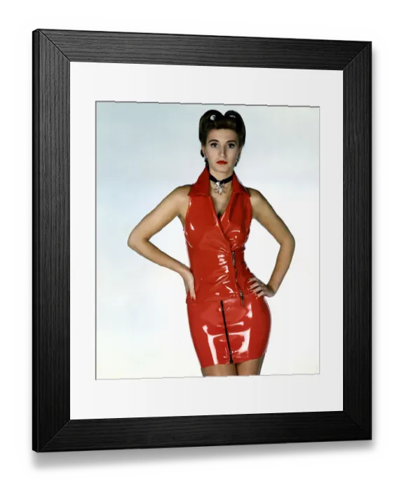 Framed Print : Red high gloss rubber mini skirt and sleeveless top with zip Silver pendant