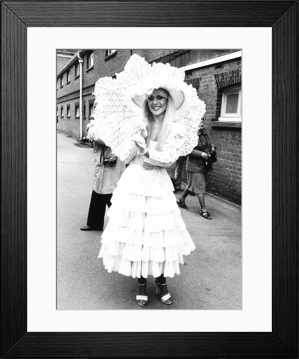 Framed Print : Fashionable racegoer with parasol at Royal Ascot in 1981 Framed Print : Fashionable racegoer with parasol at Royal Ascot in 1981