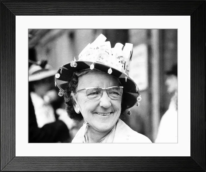 Framed Print : Mollie Milne with bingo hat at Royal Ascot in June 1973